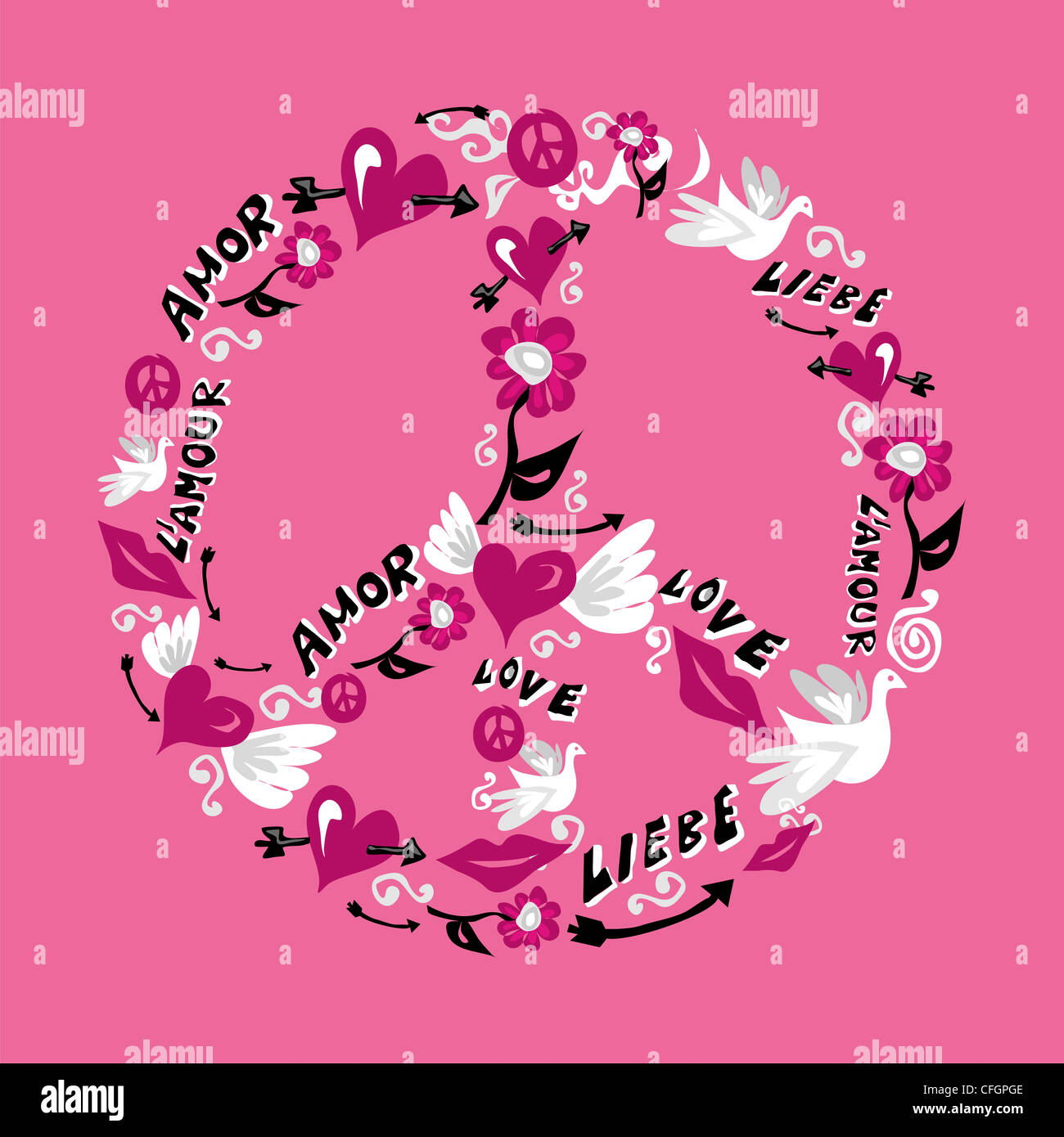 Symbol of peace made with icons of love over pink background. Vector file available. Stock Photo