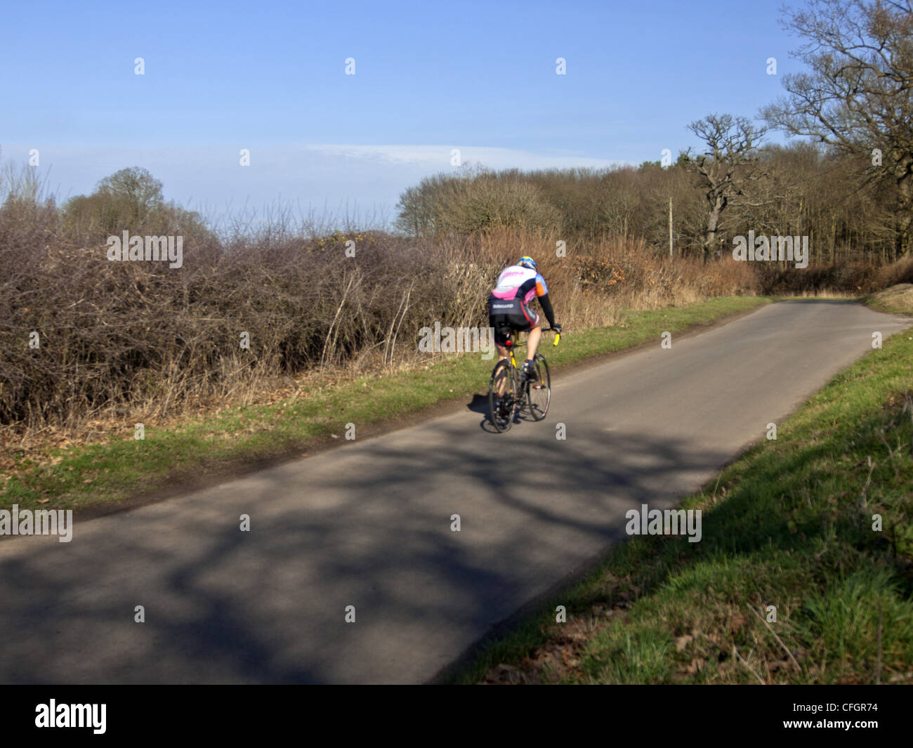 cyclists cycling along road Stock Photo