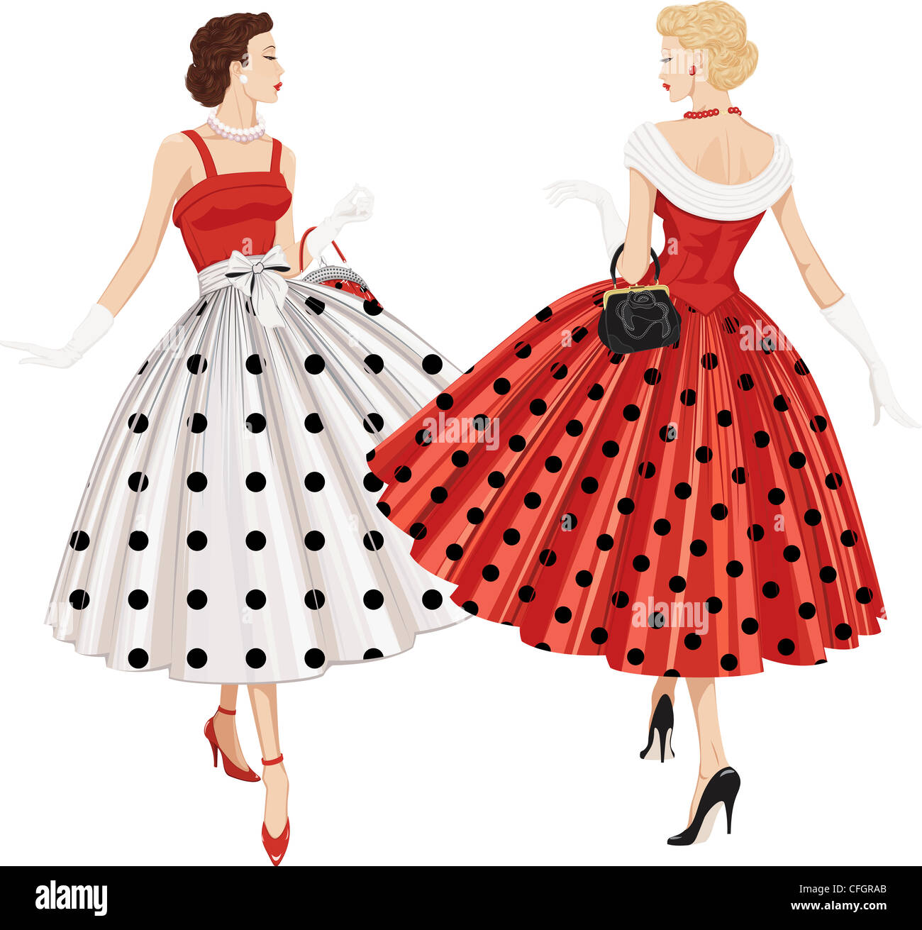Illustration of two elegant women the brunette and the blond dressed in polka dots garments inspect each other passing by Stock Photo