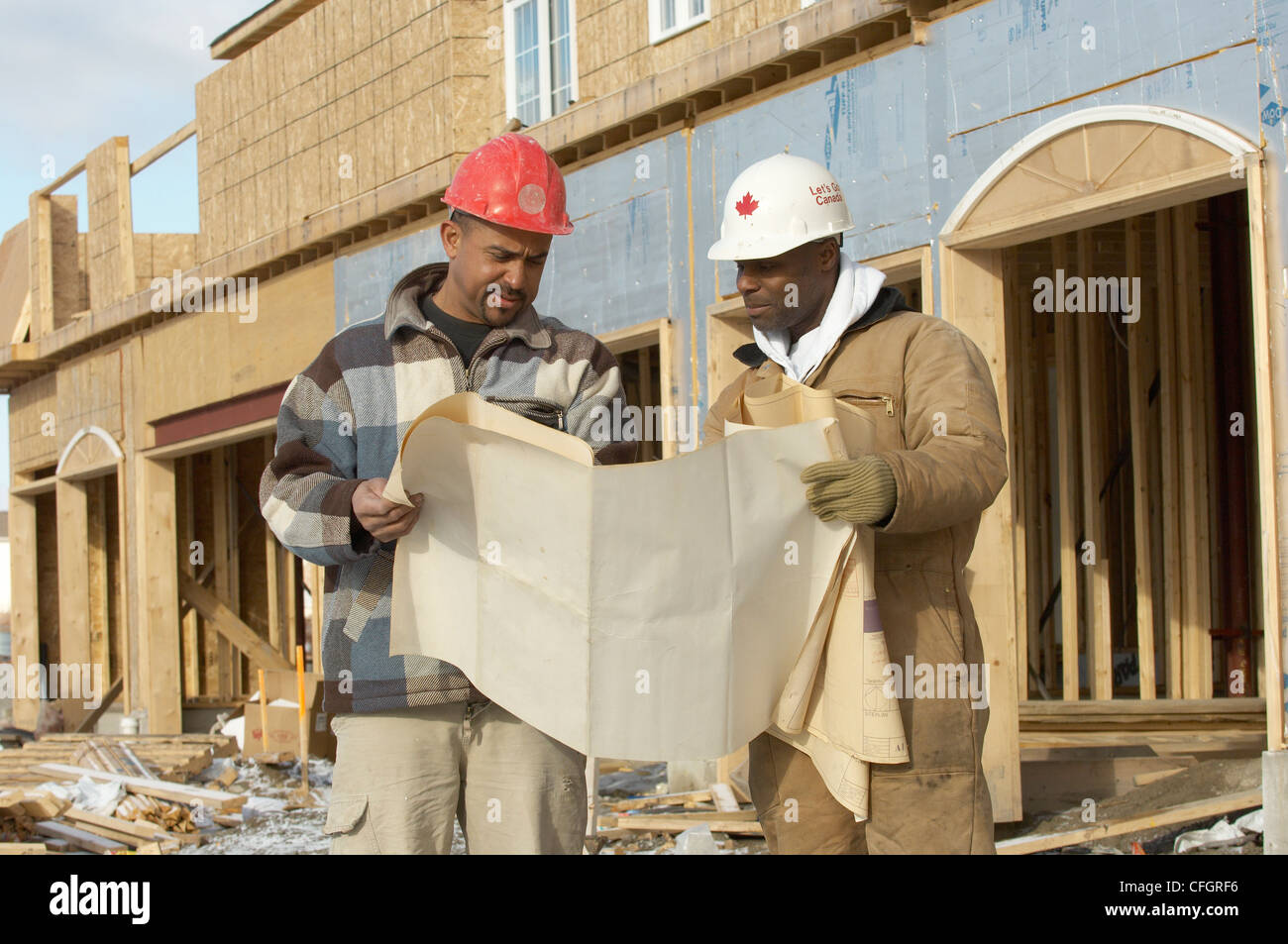 Construction Workers at New Housing Development, Ajax, Ontario Stock Photo