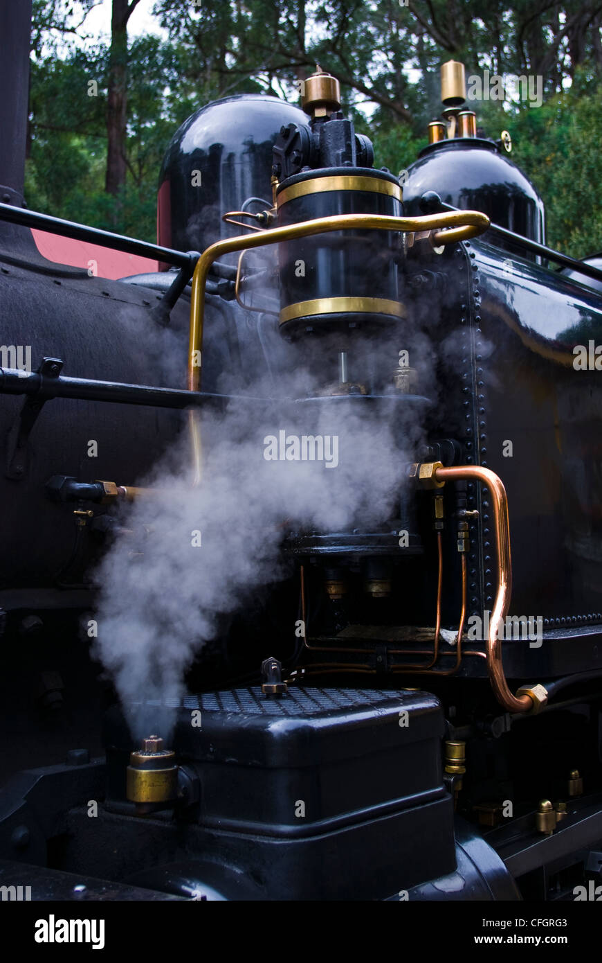 Steam funnels out a pressure release valve on an antique steam engine
