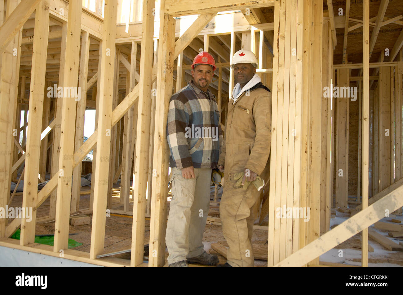 Construction Workers at New Housing Development, Ajax, Ontario Stock Photo