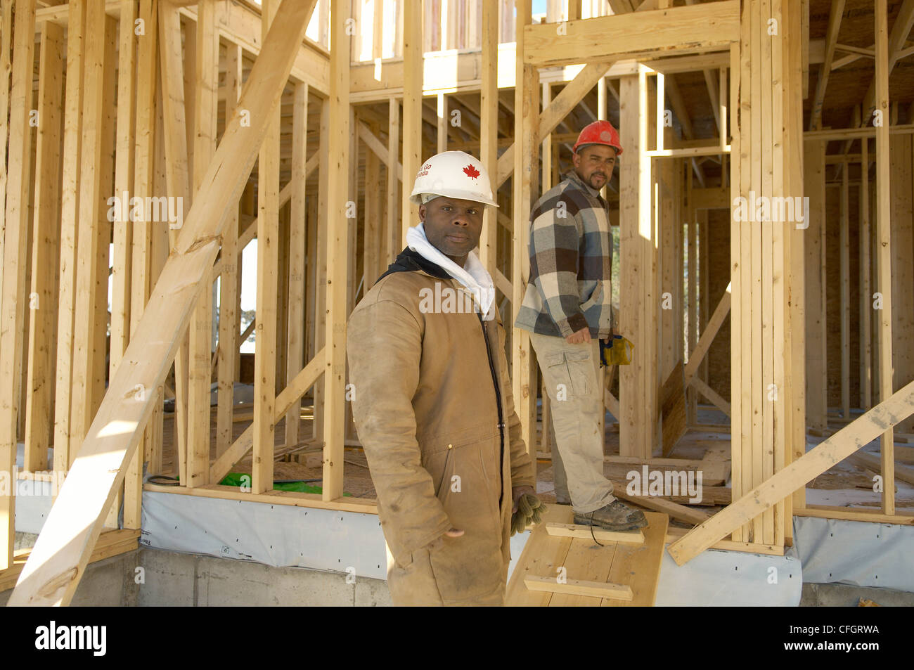 Construction Workers at New Housing Development, Ajax, Ontario Stock Photo