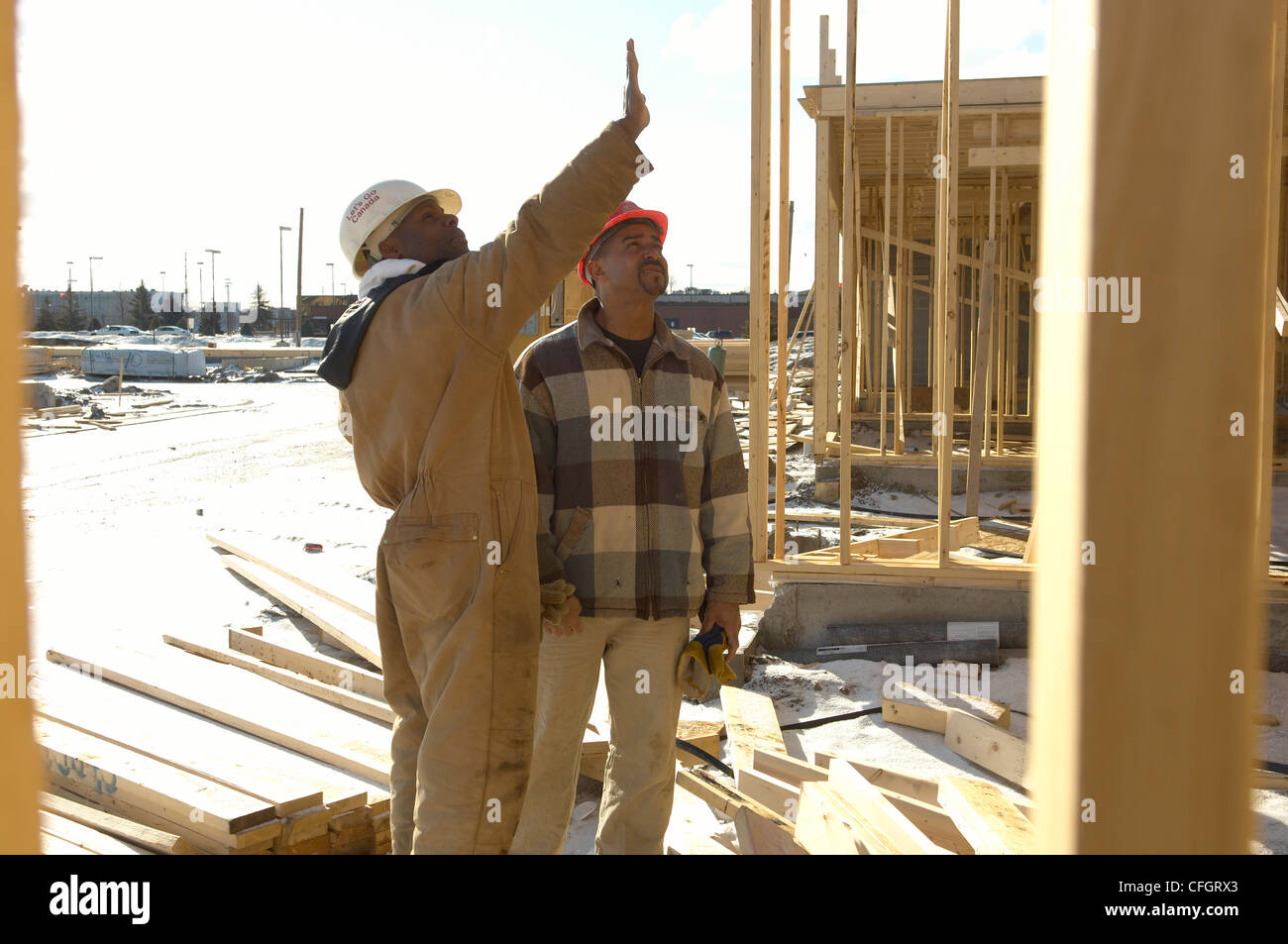 Construction Workers at New Housing Development, Ajax, Ontario Stock Photo