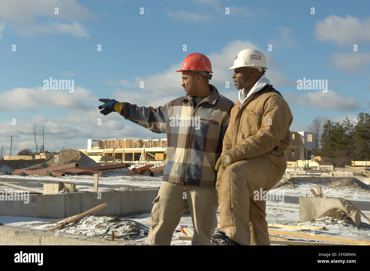 Construction Workers at New Housing Development, Ajax, Ontario Stock Photo