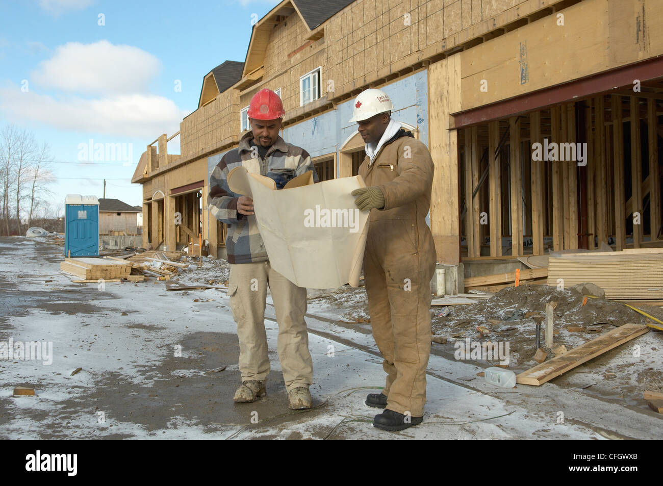 Construction Workers at New Housing Development, Ajax, Ontario Stock Photo