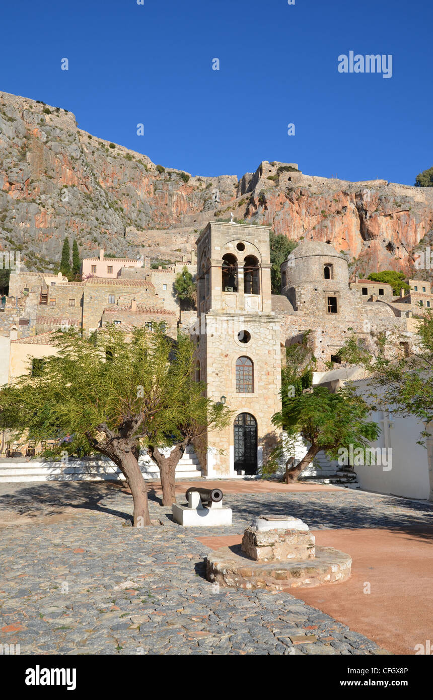 Tower and old houses of Monemvasia, Peloponnese, Greece Stock Photo Alamy