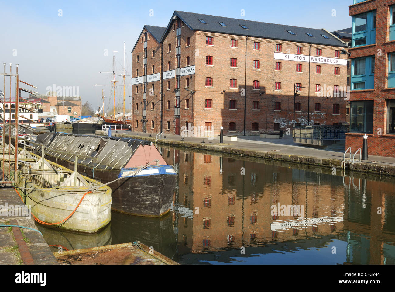 Barge Arm at Gloucester Docks, UK, showing Biddle's and Shipton's