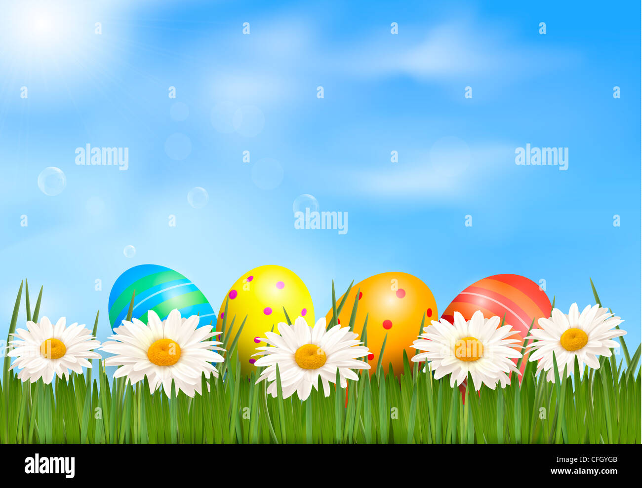 Easter background Easter eggs laying in green grass with daisy under ...