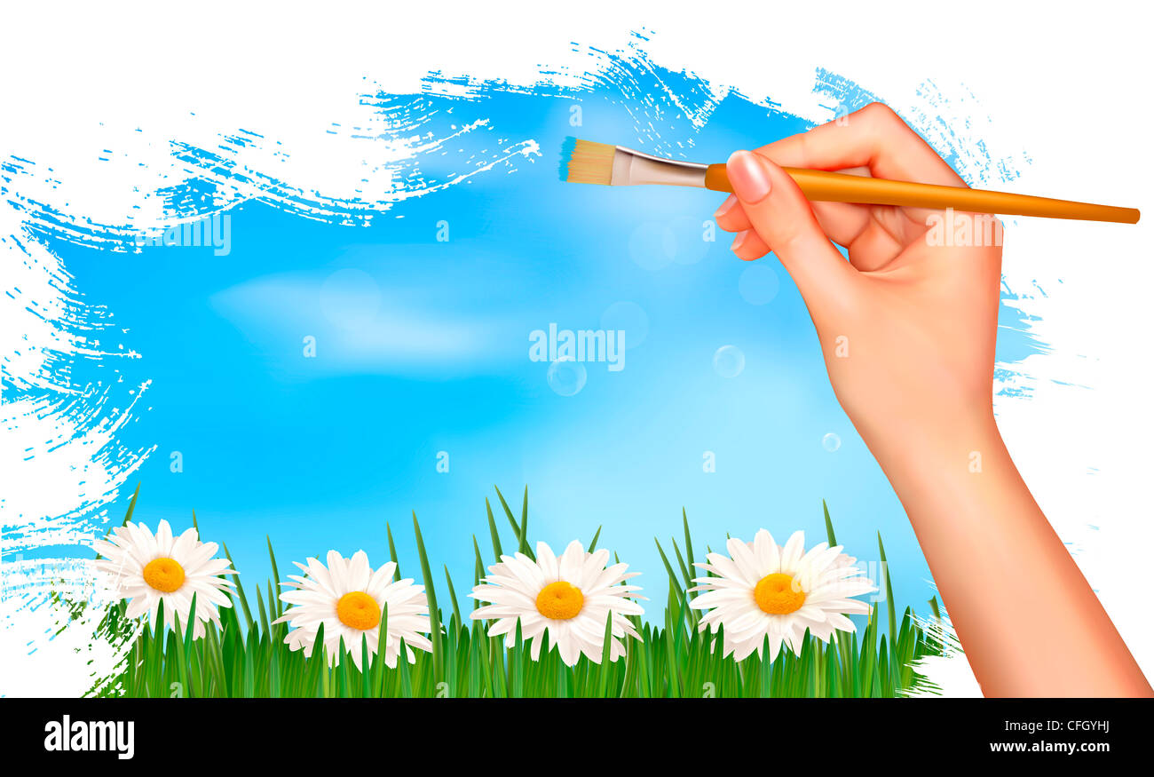 Nature background with hand holding a brush Stock Photo - Alamy