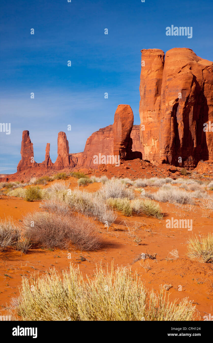 Three Sisters and the Thumb rock formations, Monument Valley, Arizona USA Stock Photo