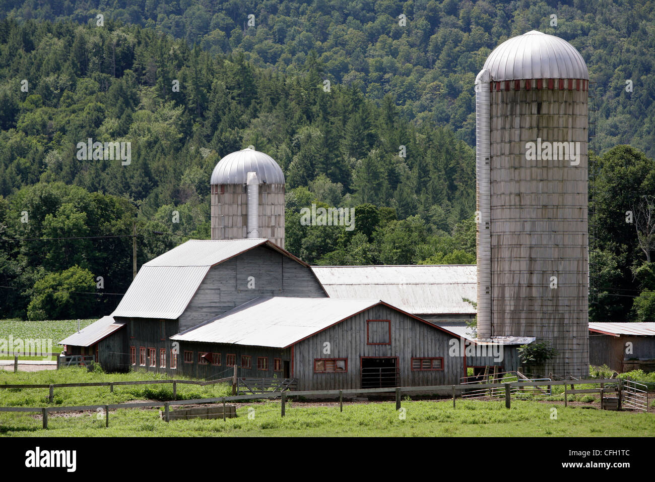farm barn and silos, Vermont Stock Photo