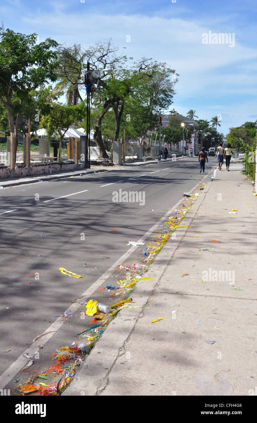 Dirty street after New Year's Junkanoo  parade, Nassau, Bahamas Stock Photo