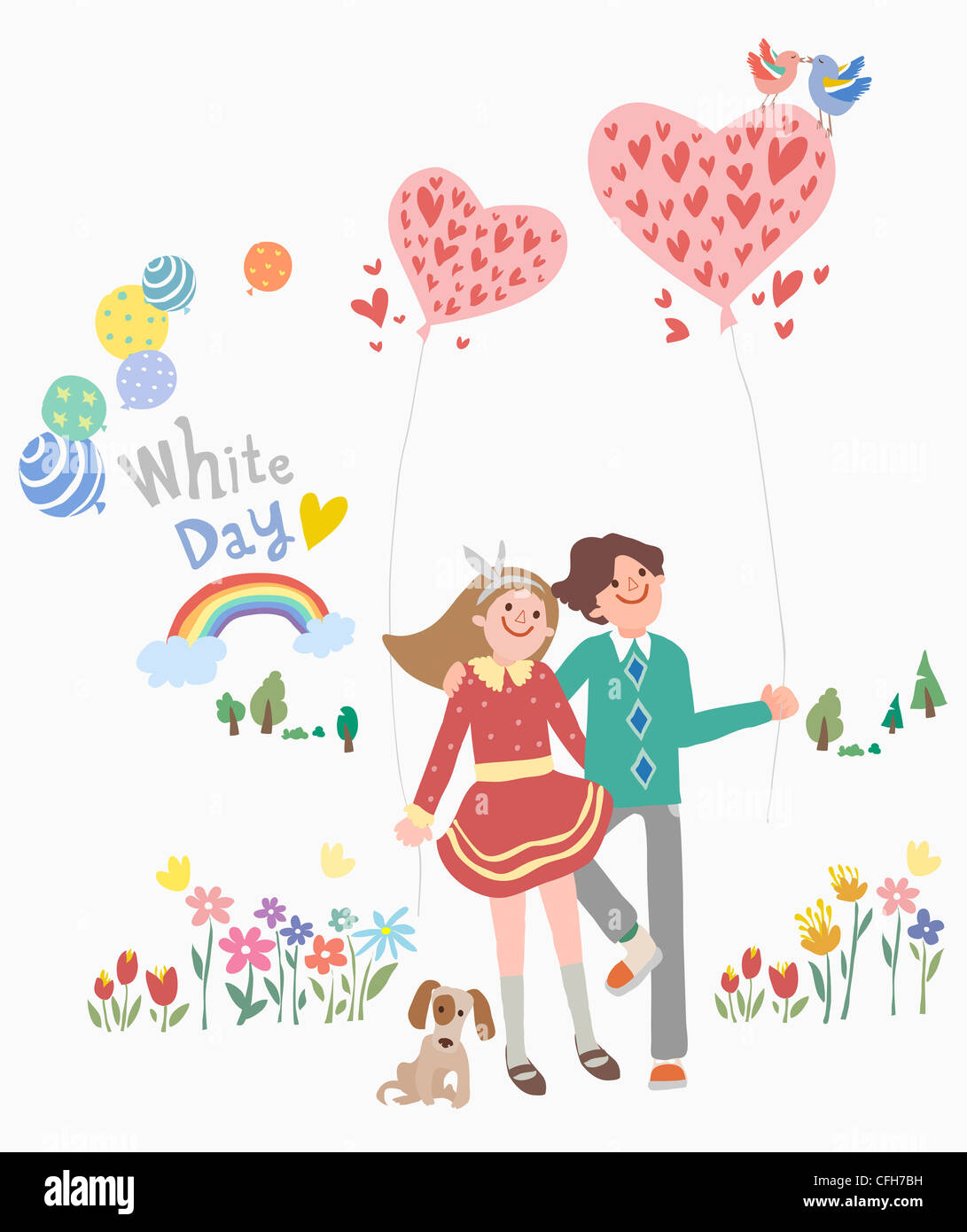 The couple holding the heart balloon with the white day word Stock ...