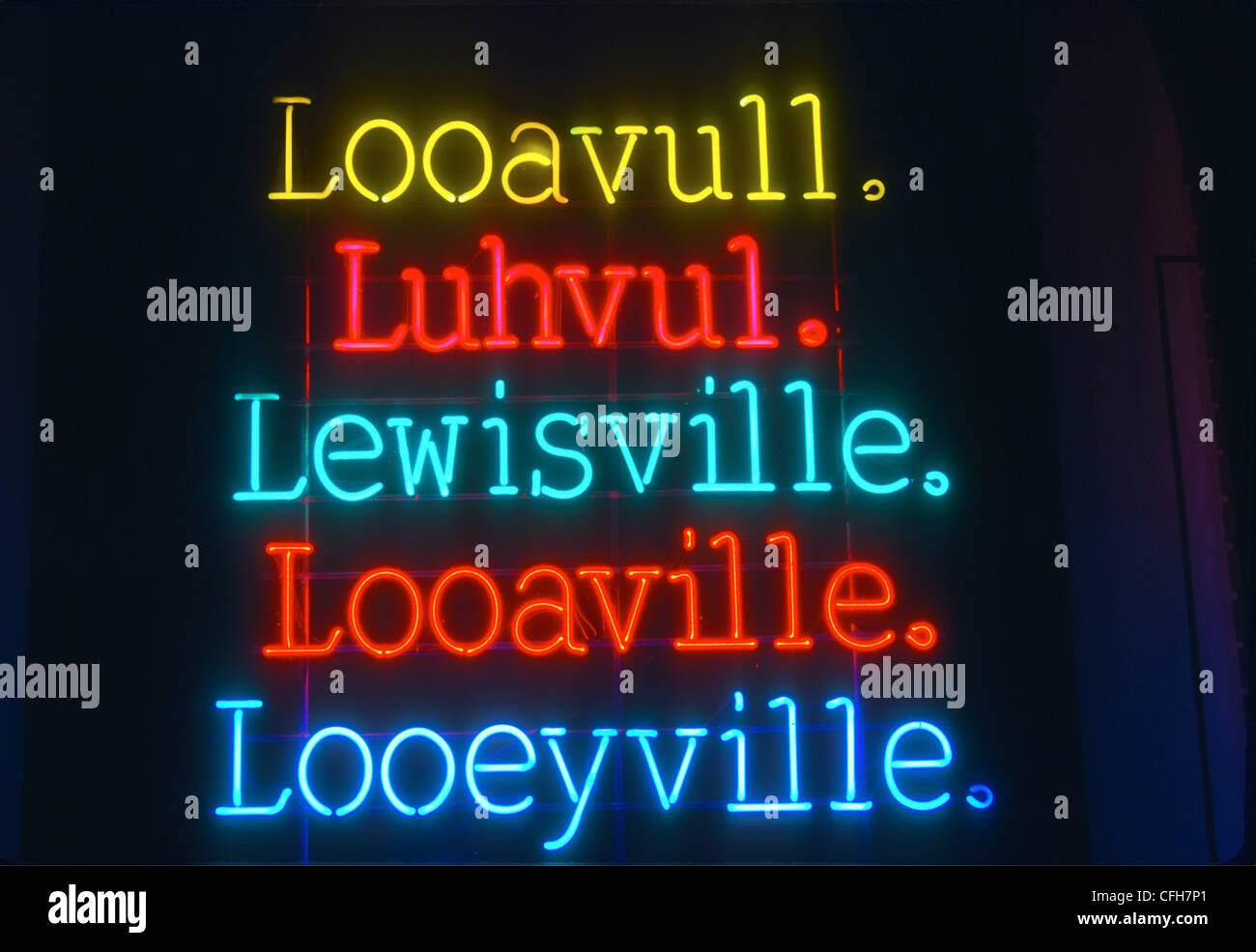Louisville tourism neon sign with various ways to pronounce Louisville  Stock Photo - Alamy