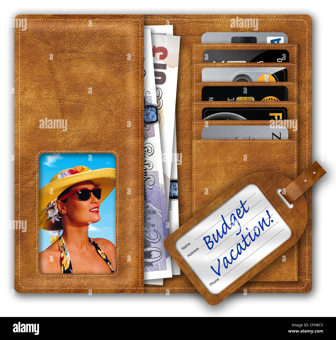 Wallet containing UK Sterling/Pounds and credit cards, picture of holdaymaker and Budget Vacation luggage label. Stock Photo