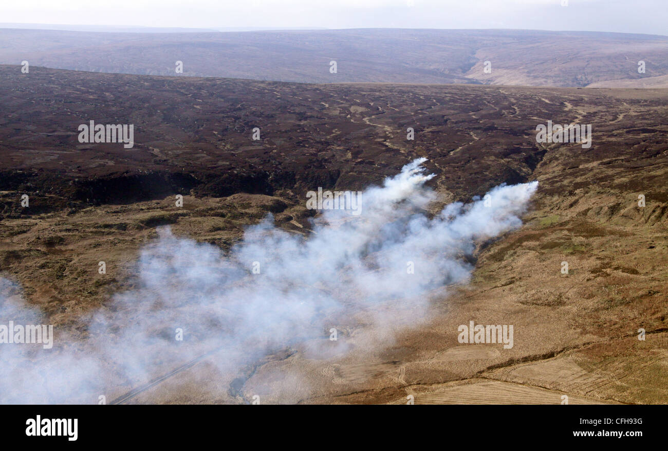 aerial view of burning on the moors on the Pennines Stock Photo