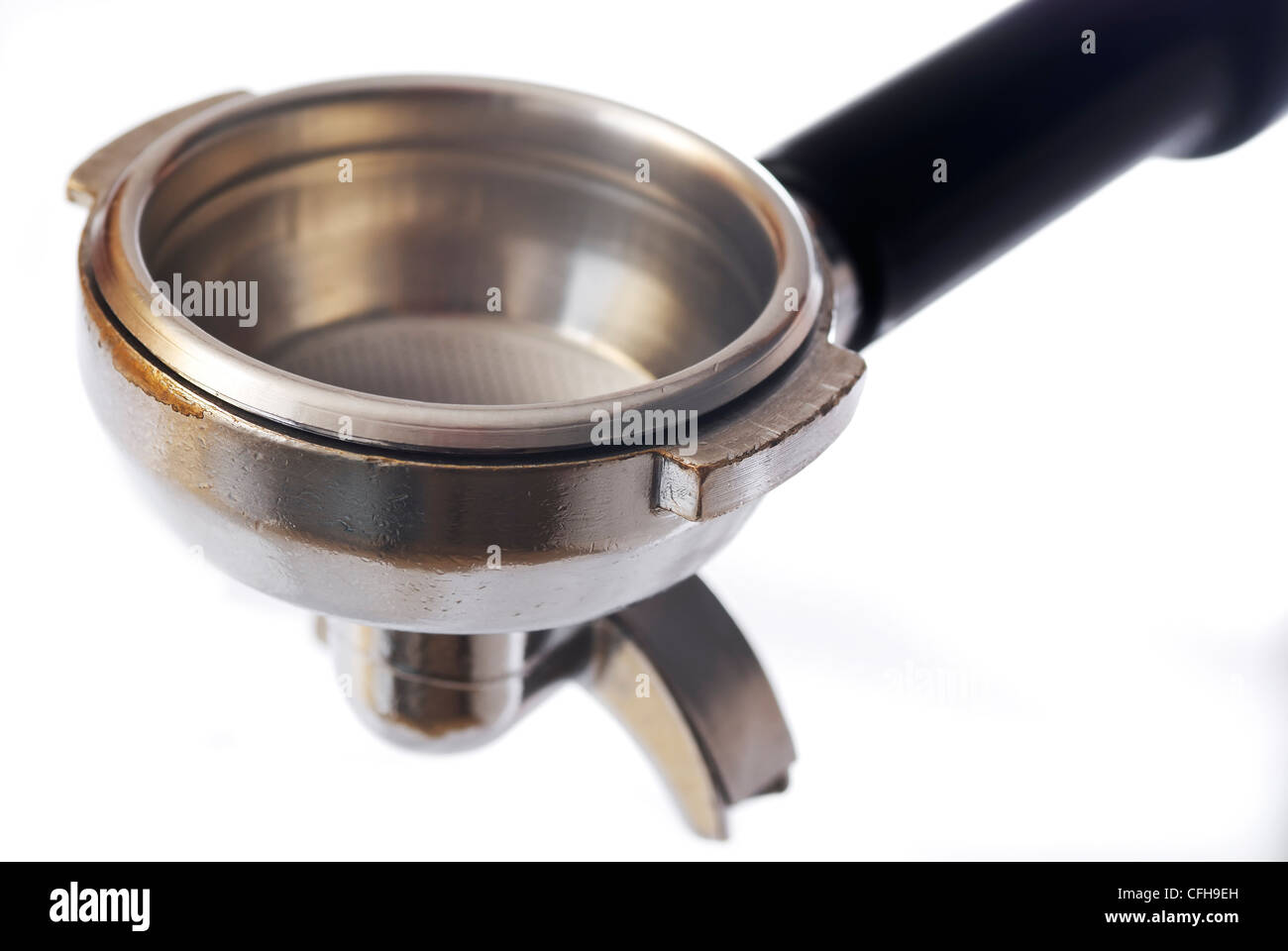 One Empty Coffee Barista Portafilter on White Background Stock Photo