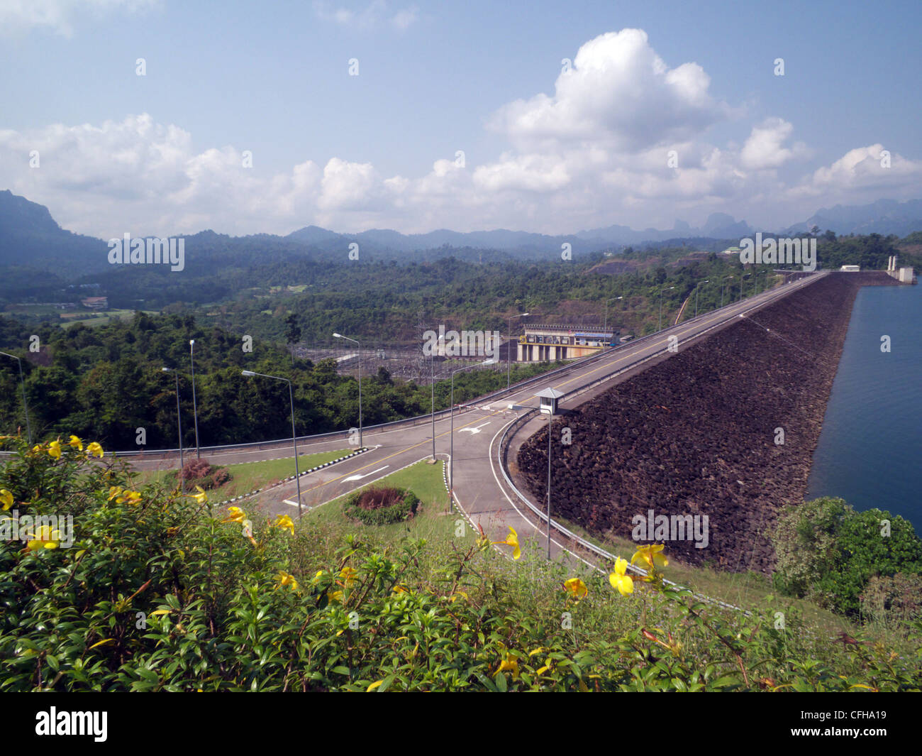 Khao Sok National Park, Cheow Lan Lake. Thailand. View of the dam wall and hydro electric plant, from the visitor centre. Stock Photo