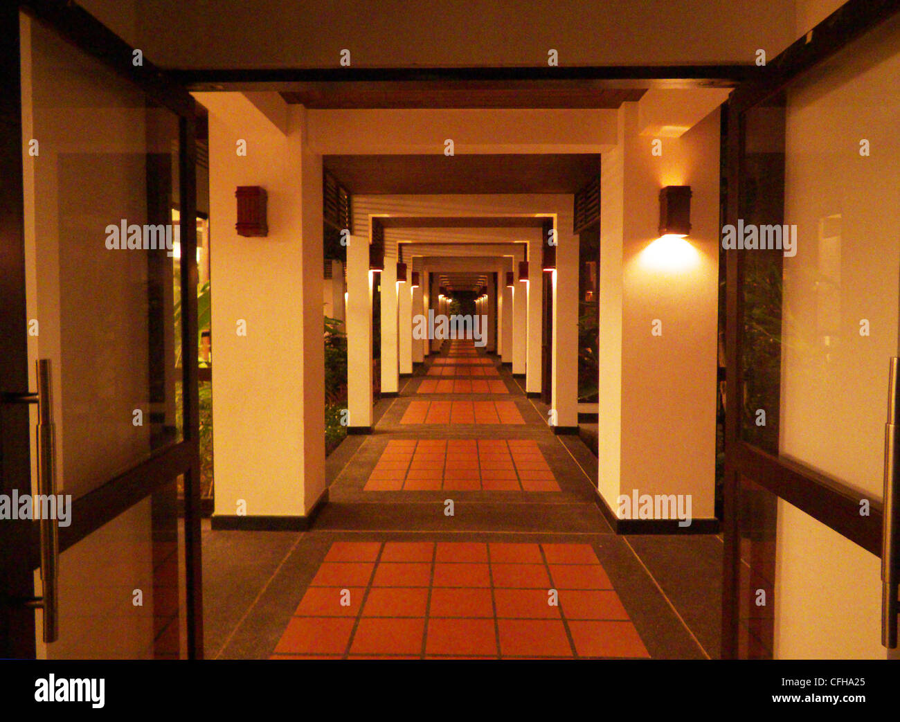 JW Marriott Hotel Khao Lak Thailand. Hotel corridor to some restaurants and kitchens, picture taken at night. Stock Photo