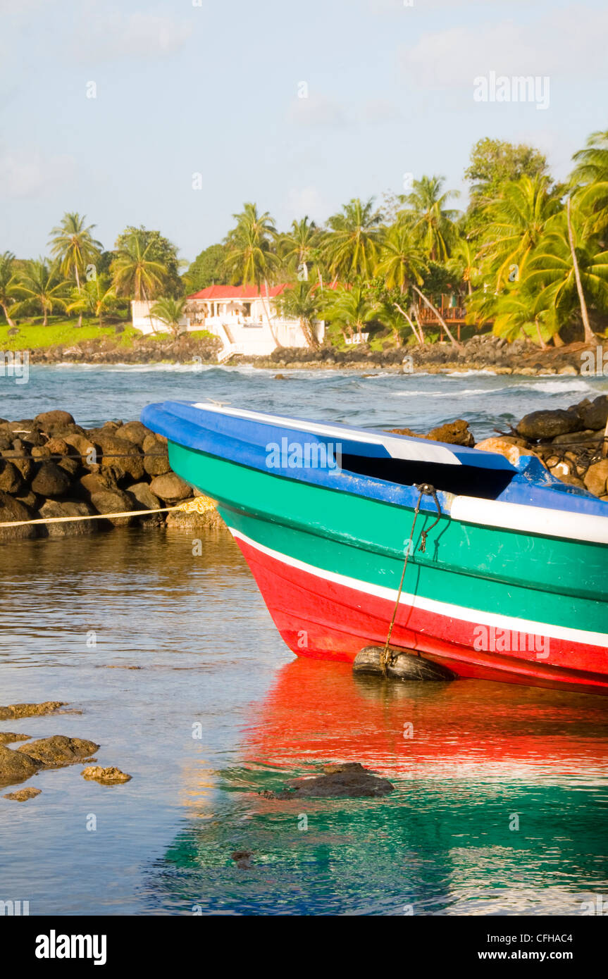 native panga fishing boat Caribbean Sea with coconut palm trees modern