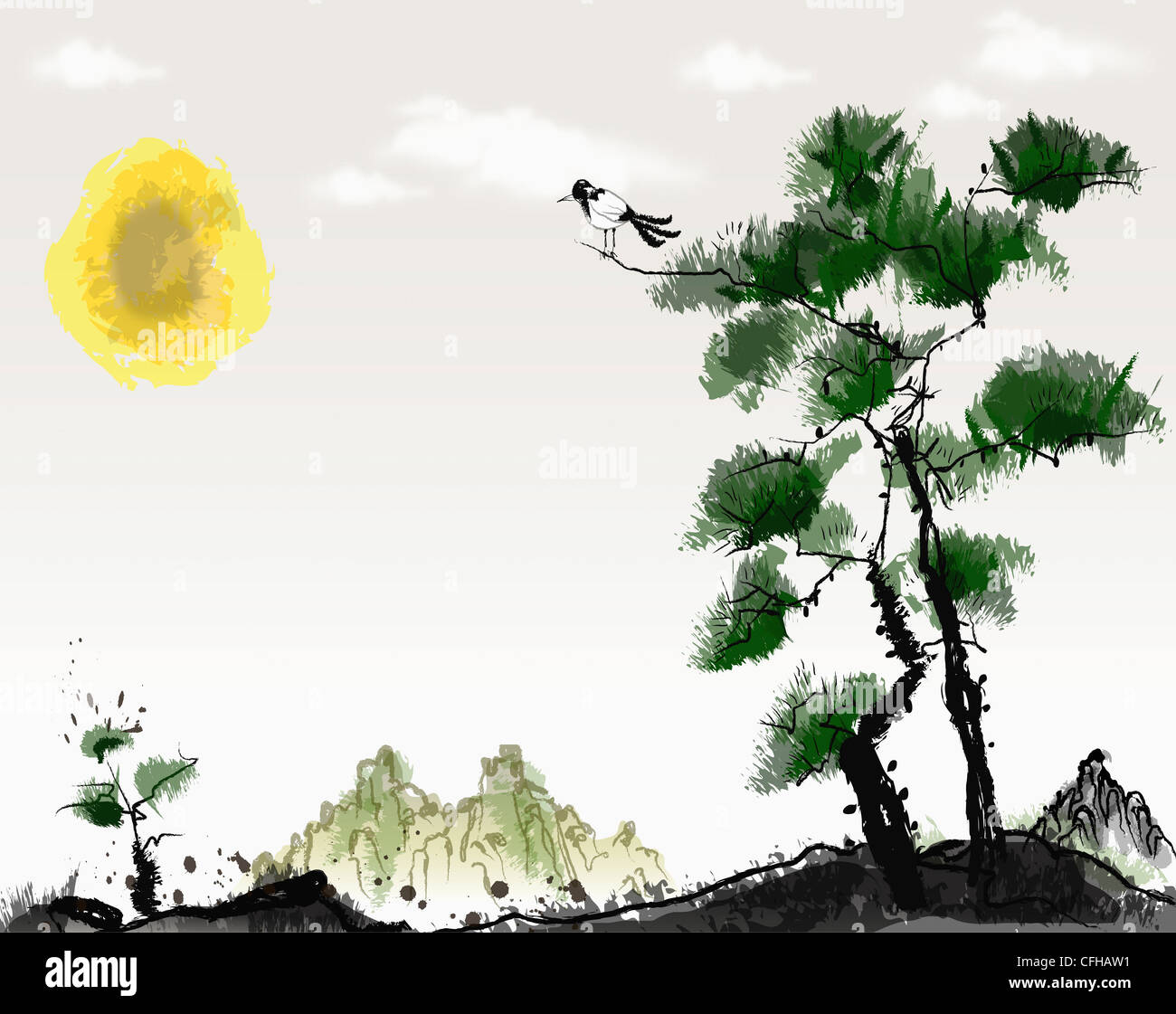 The Black And White Drawing Of The Korean Magpie On The Pine Stock Photo Alamy