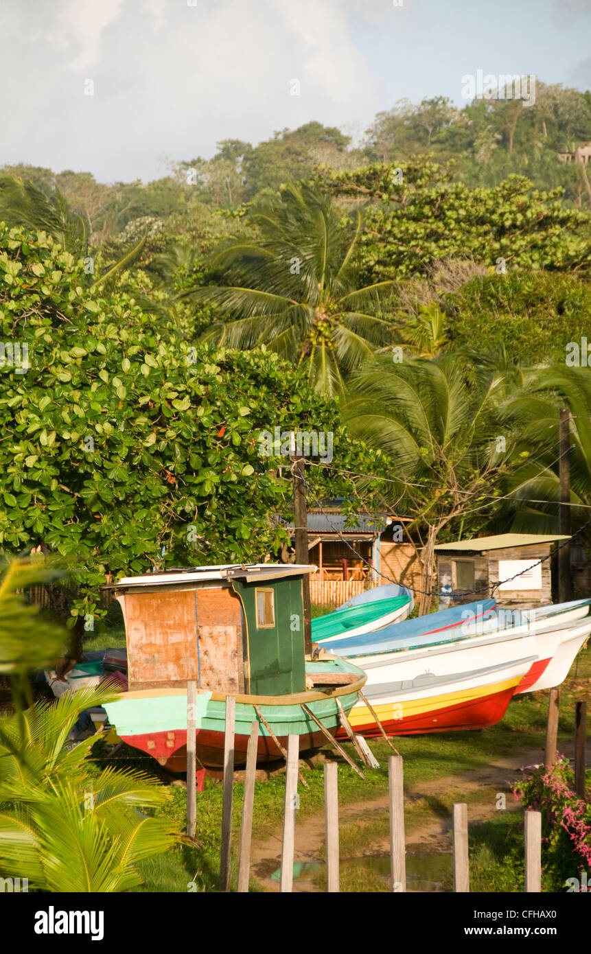 colorful native fishng boats in tropical jungle Big Corn Island