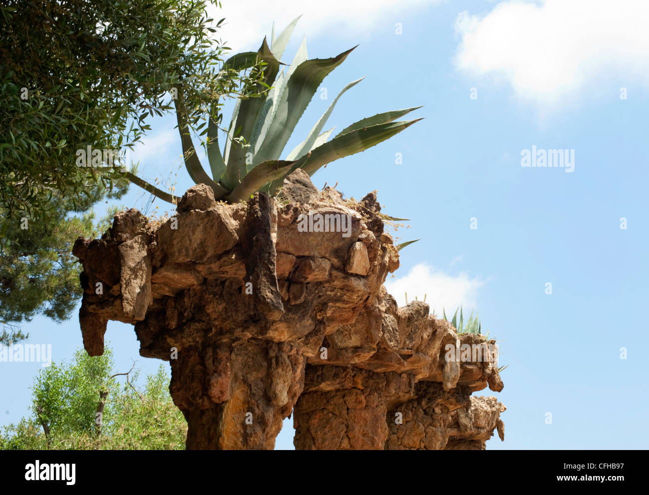 An agave cactus on top of a terraced column in Park Guell in Barcelona. Stock Photo