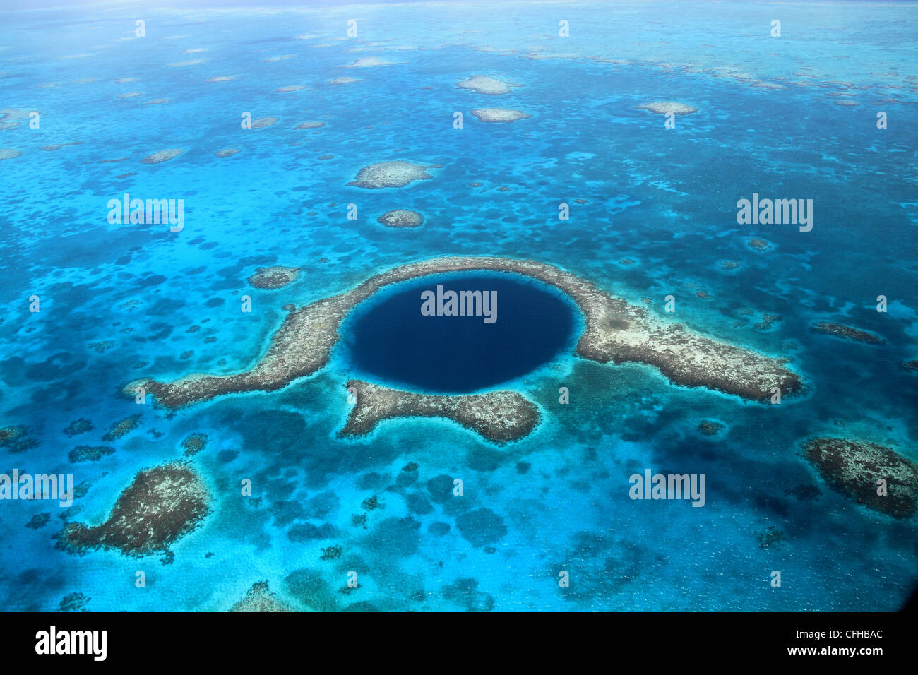 Great Blue Hole, a collapsed underwater cave system, Lighthouse Reef, Mesoamerican Barrier Reef, Belize, Caribbean, Central America Stock Photo