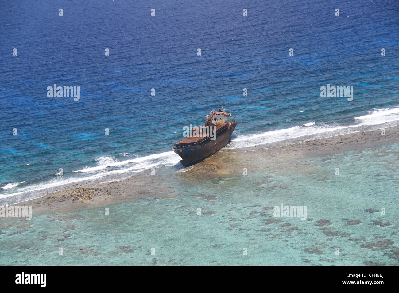 Wrecked container ship on Lighthouse Reef, Belize Barrier Reef, Belize, Caribbean, Central America Stock Photo