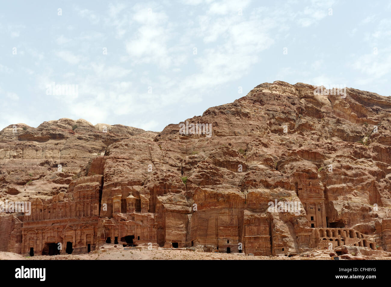 Petra. Jordan. View of the monumental Royal tombs which are carved into the East Cliff or El-Khubtha mountain of Petra. The Stock Photo