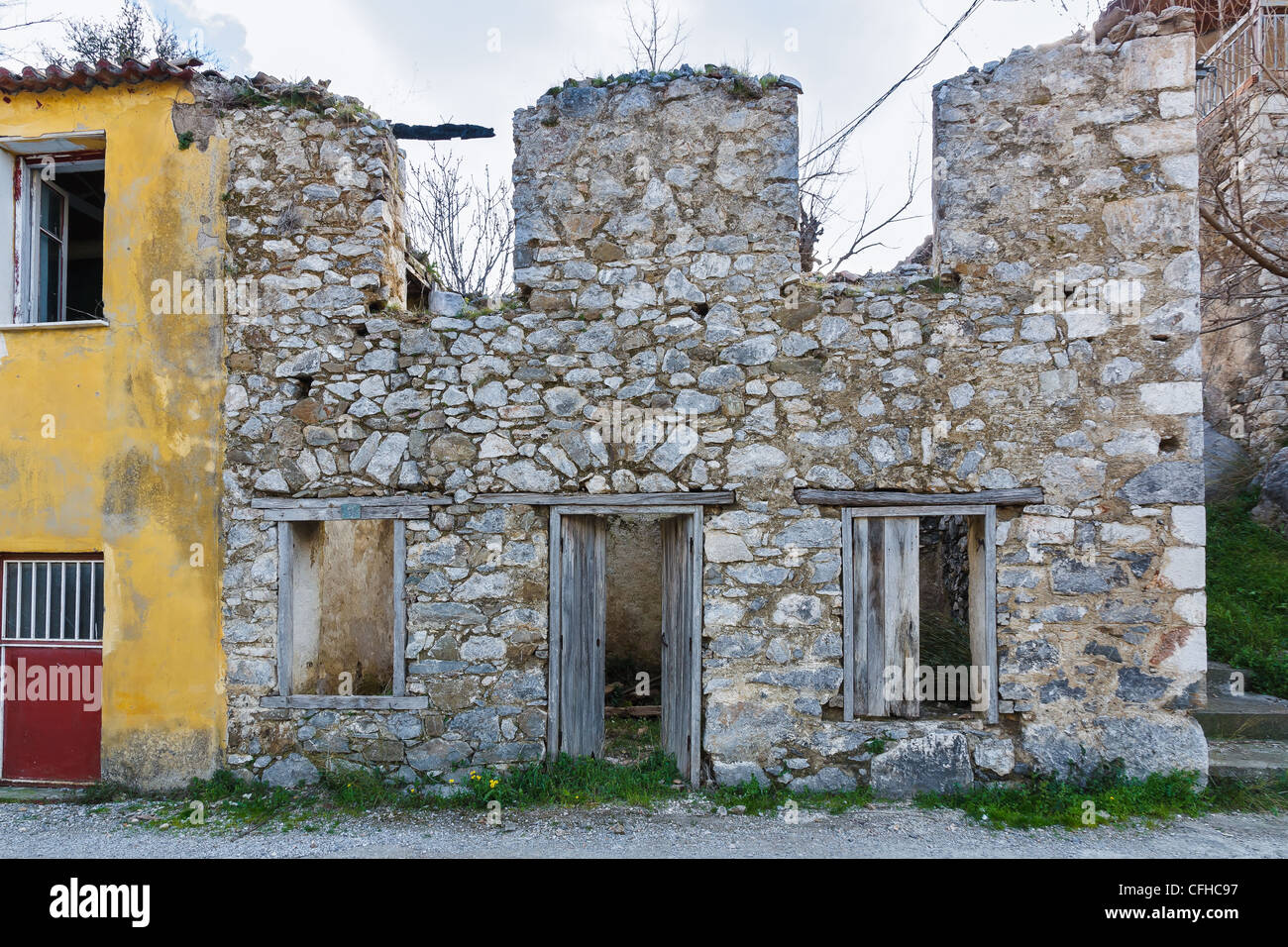 Old abandoned stone house ruins after an earthquake in Greece Stock ...