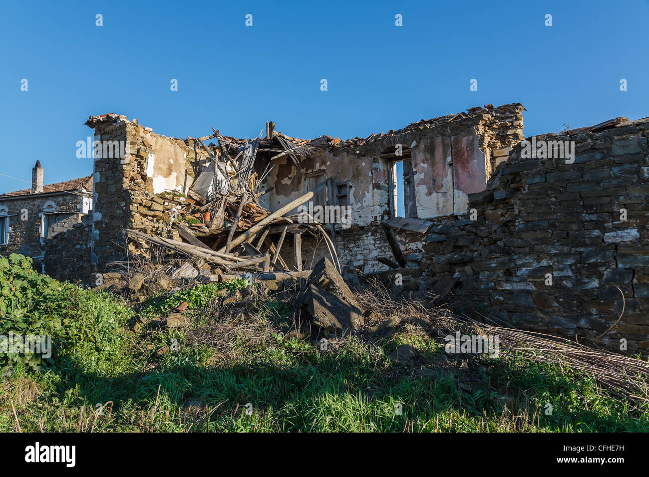 Old abandoned stone house ruins after an earthquake in Greece Stock ...