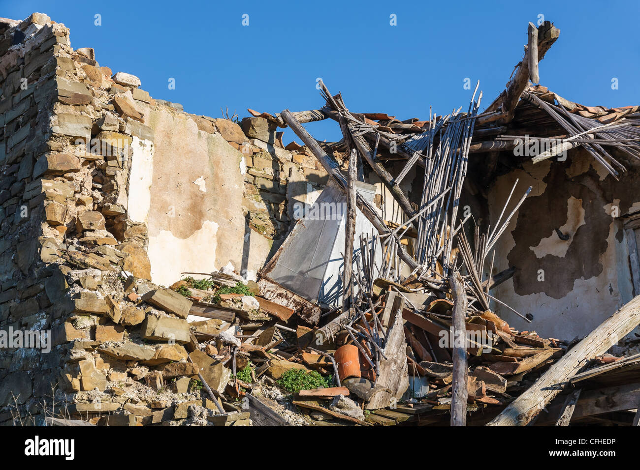Old abandoned stone house ruins after an earthquake in Greece Stock ...