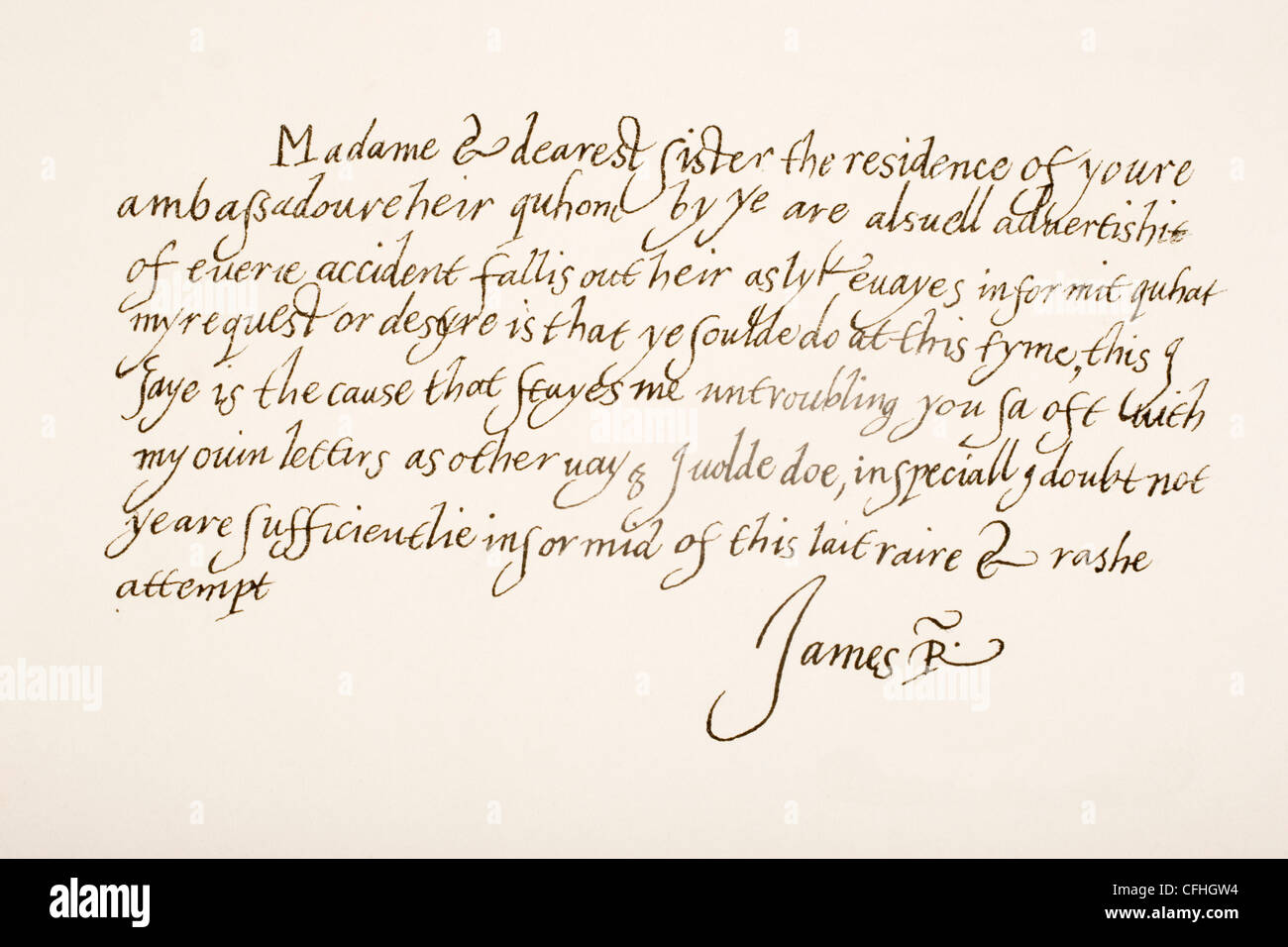 King James VI of Scotland and James I as King of England and Ireland, 1566 - 1625. Hand writing sample. Stock Photo