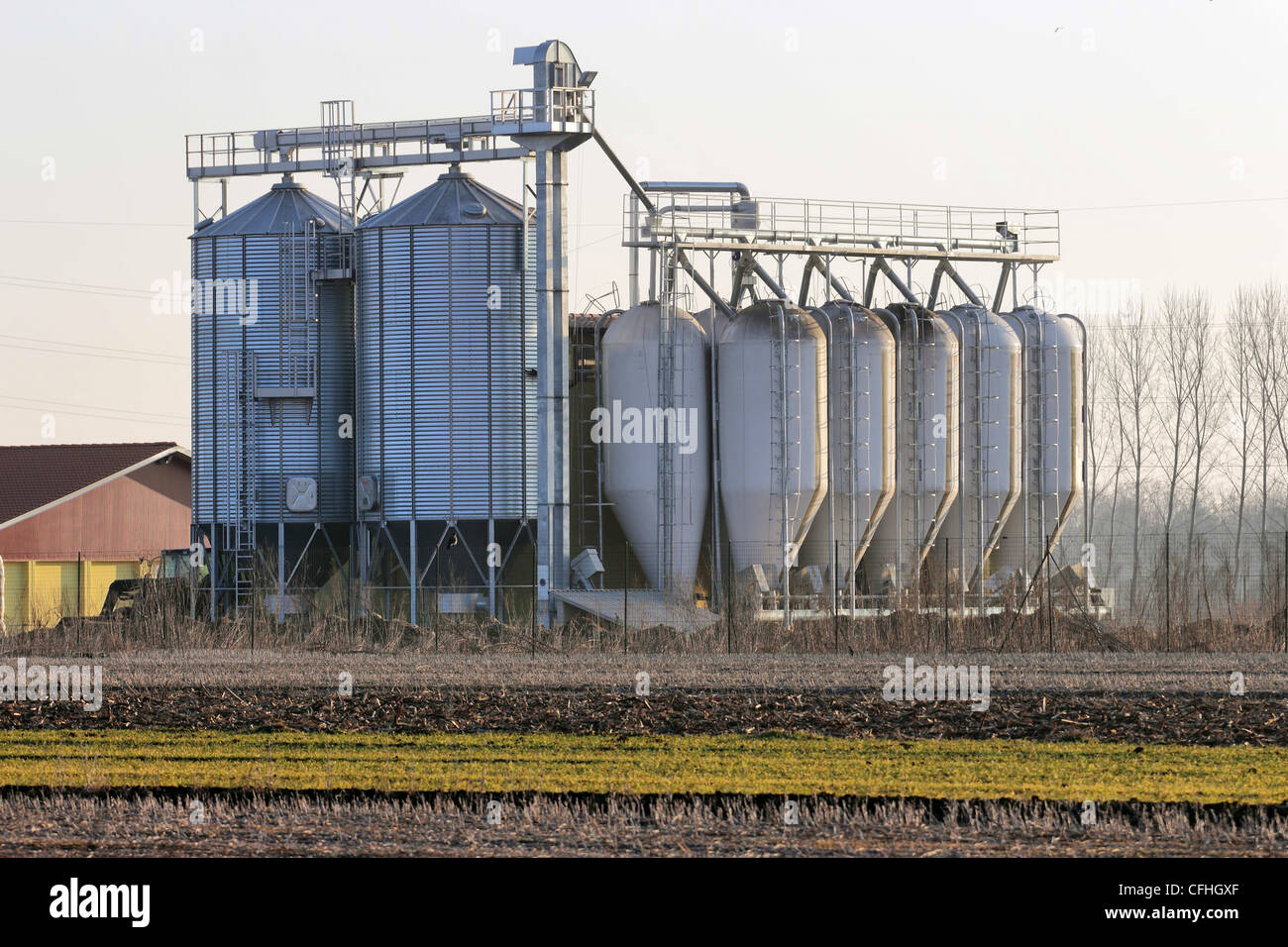 Modern grain silos on a farm in Piedmont, Italy Stock Photo