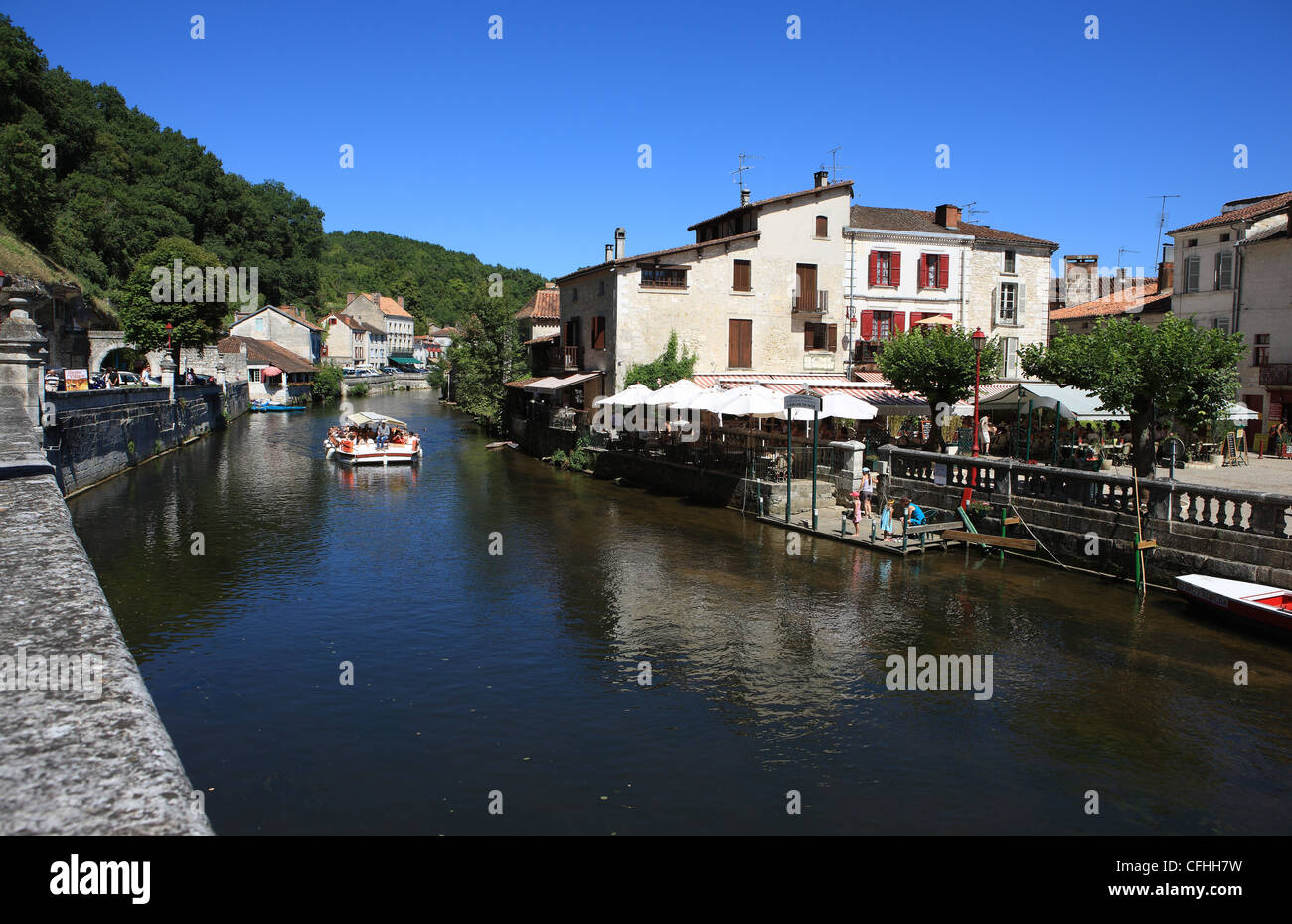 River Dronne which surrounds the pretty French town of Brantome in the Dordogne Stock Photo