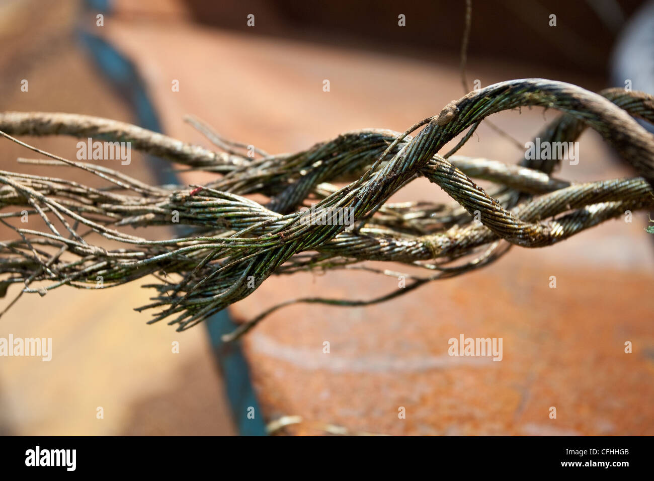 Close up of a corroded or broken steel wire rope left in waste skips