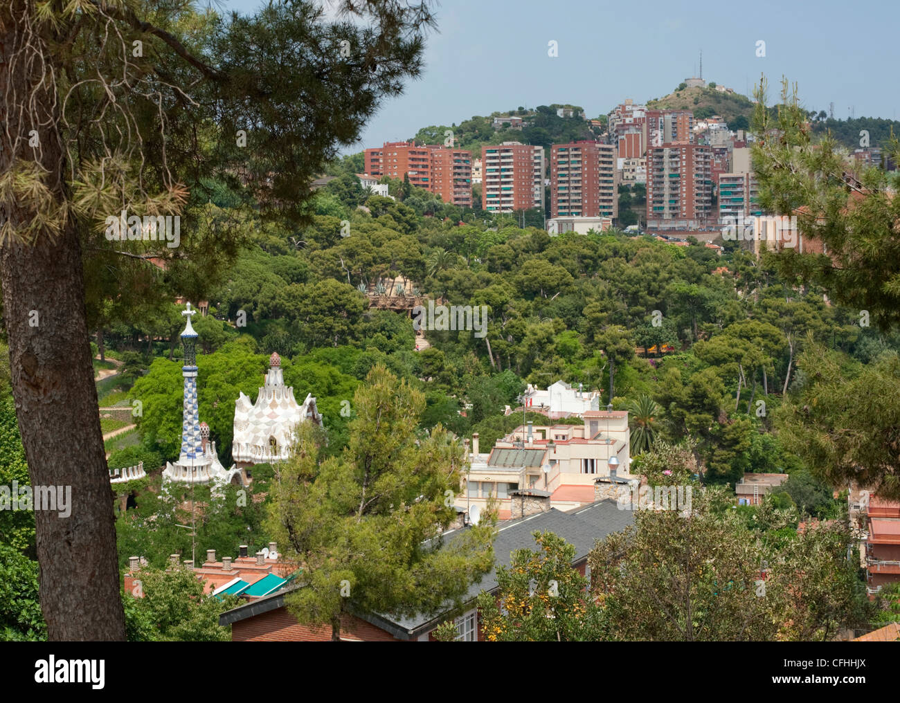 A view of the gardens and buildings in Park Guell, Barcelona Stock Photo