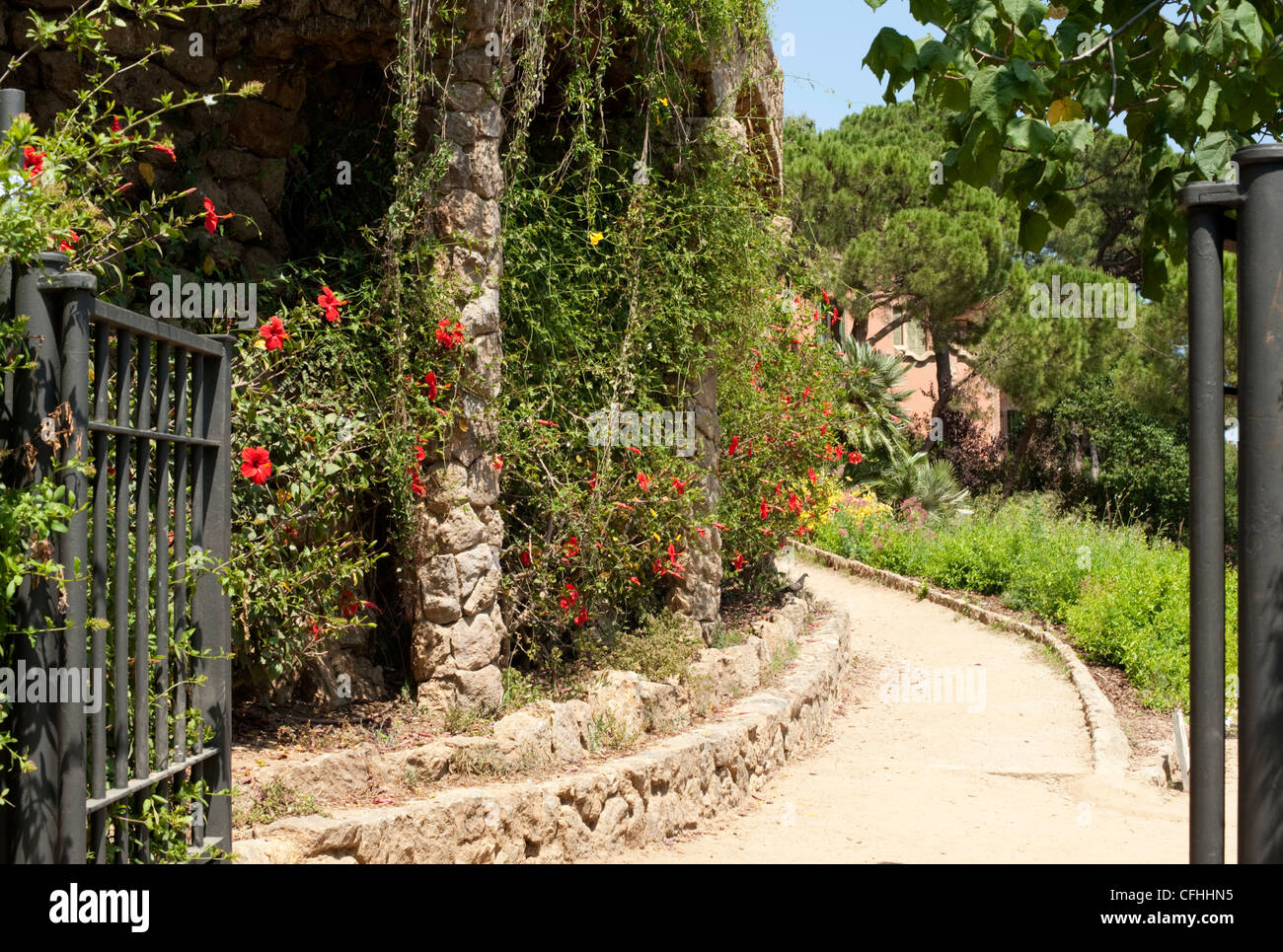 Red flowers and a rounded pathway through a gate in Park Guell, Barcelona Stock Photo