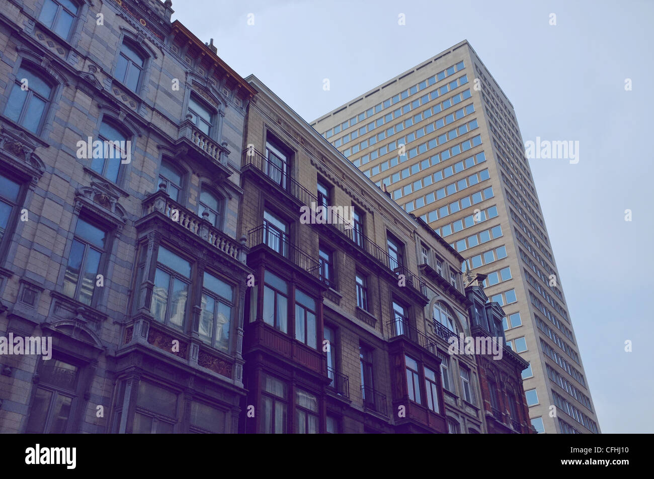 Buildings in Brussels, contrasting architectural styles in the city centre, Belgium. Stock Photo