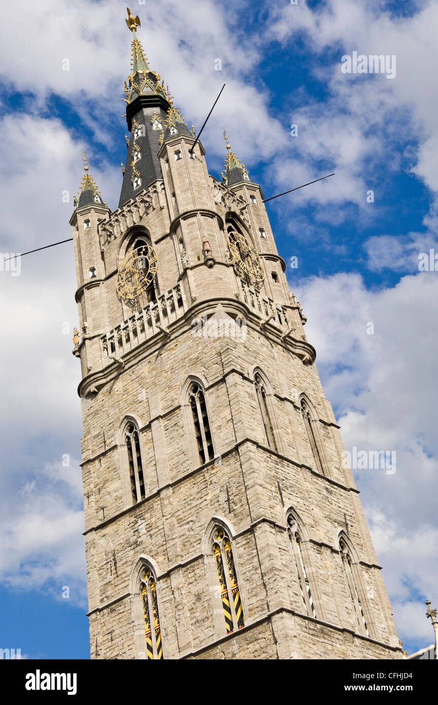 Vertical view of the top of the medieval Belfort aka Belfry, a prominent belltower on the skyline in central Ghent, Belgium Stock Photo