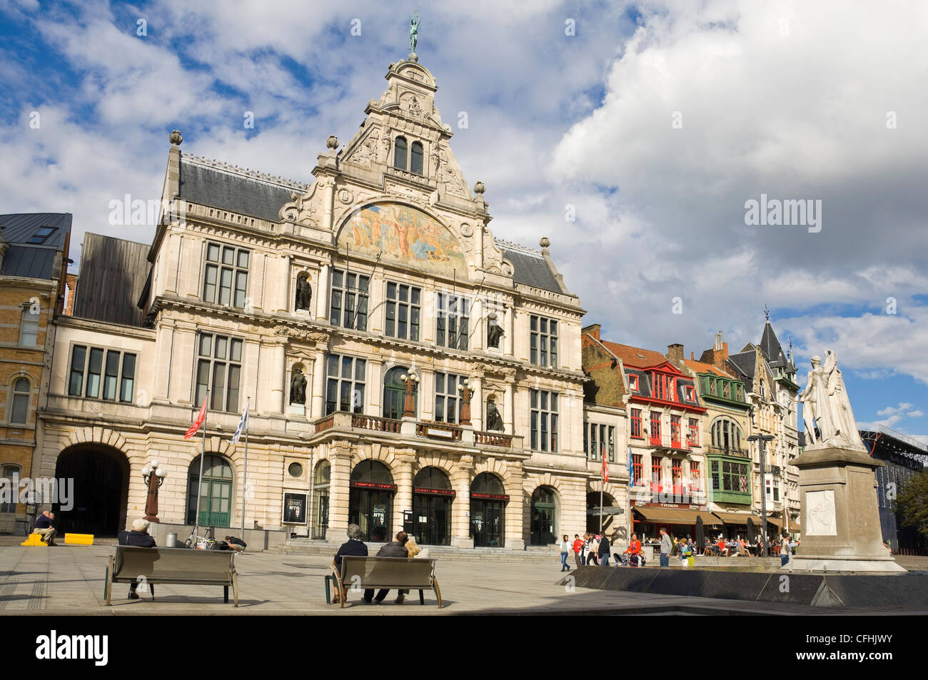 Horizontal view of the National Theatre and traditional architecture in Sint Baafsplein aka St Bavo's Square in central Ghent, Belgium Stock Photo