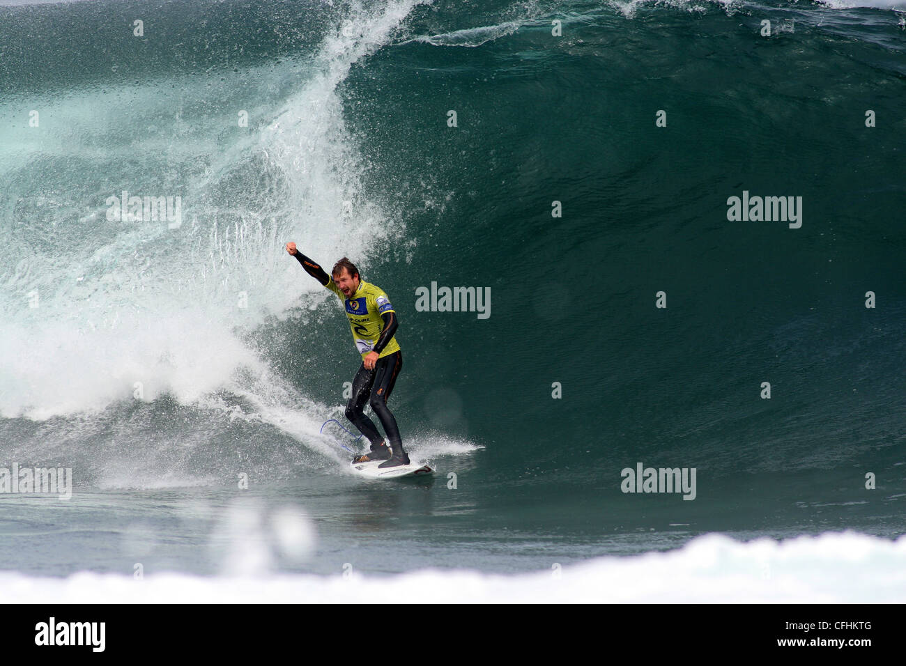 Pro surfer Kieren Perrow competing in the Rip Curl Search 2007. Arica, Tarapaca, Chile, South America Stock Photo