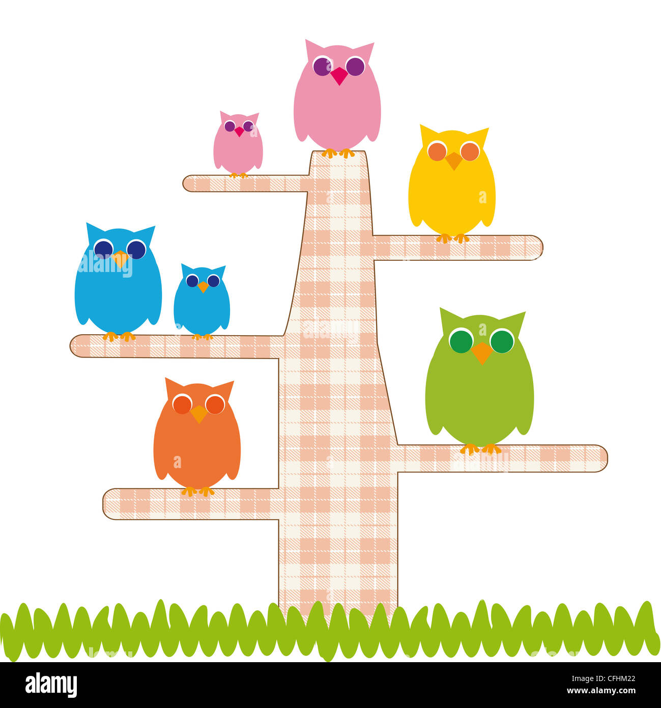 Cute kids cartoon with tree and owns Stock Photo - Alamy
