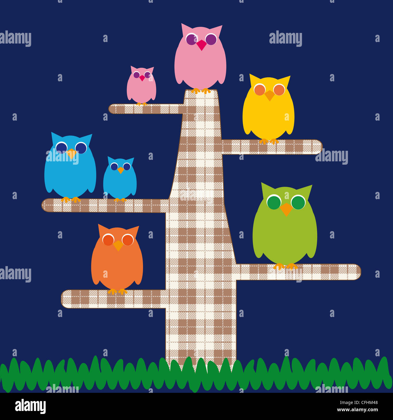 Cute kids cartoon with tree and owns Stock Photo - Alamy