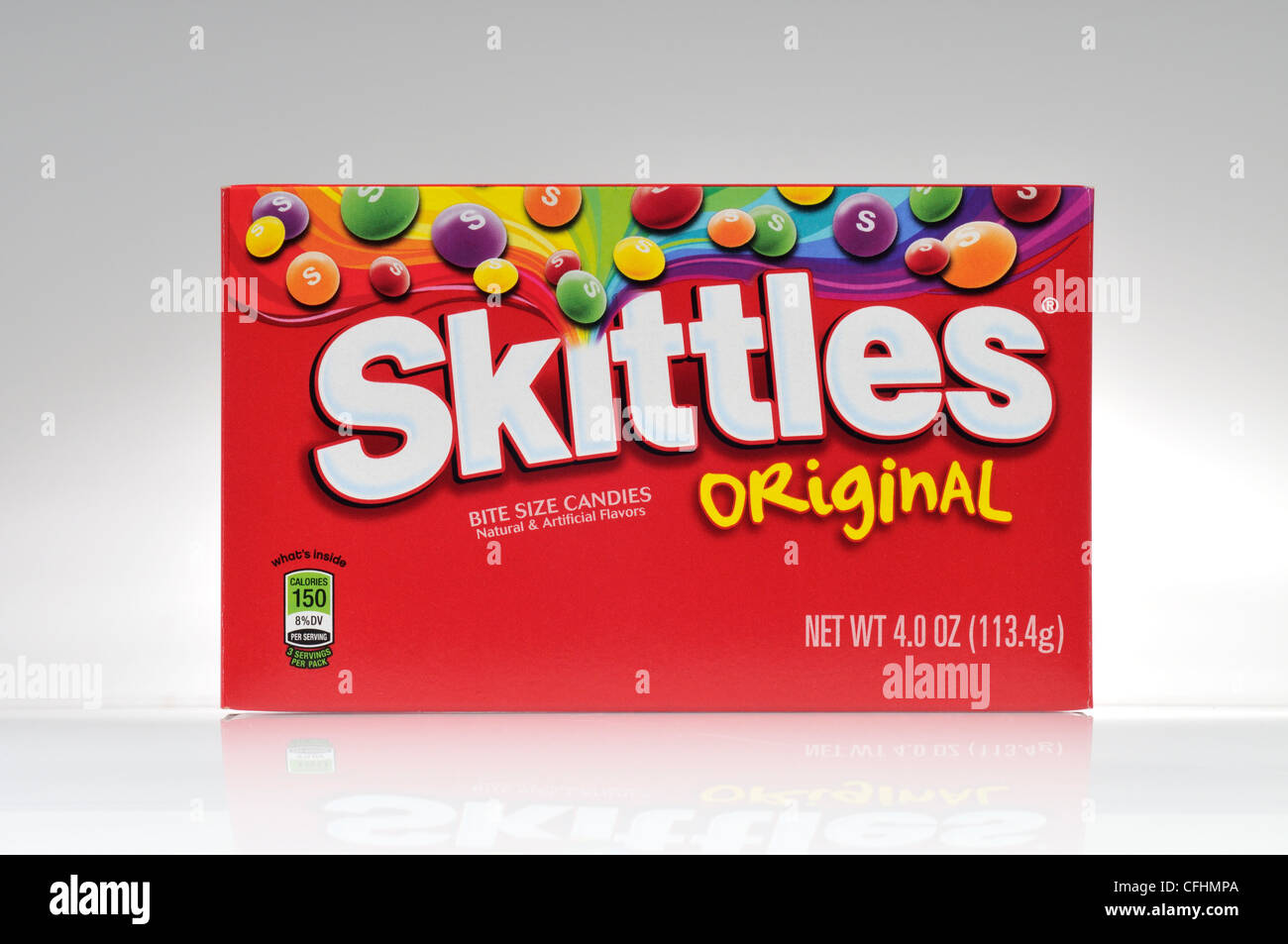 Box of Skittles candy on white background cut out USA. Stock Photo