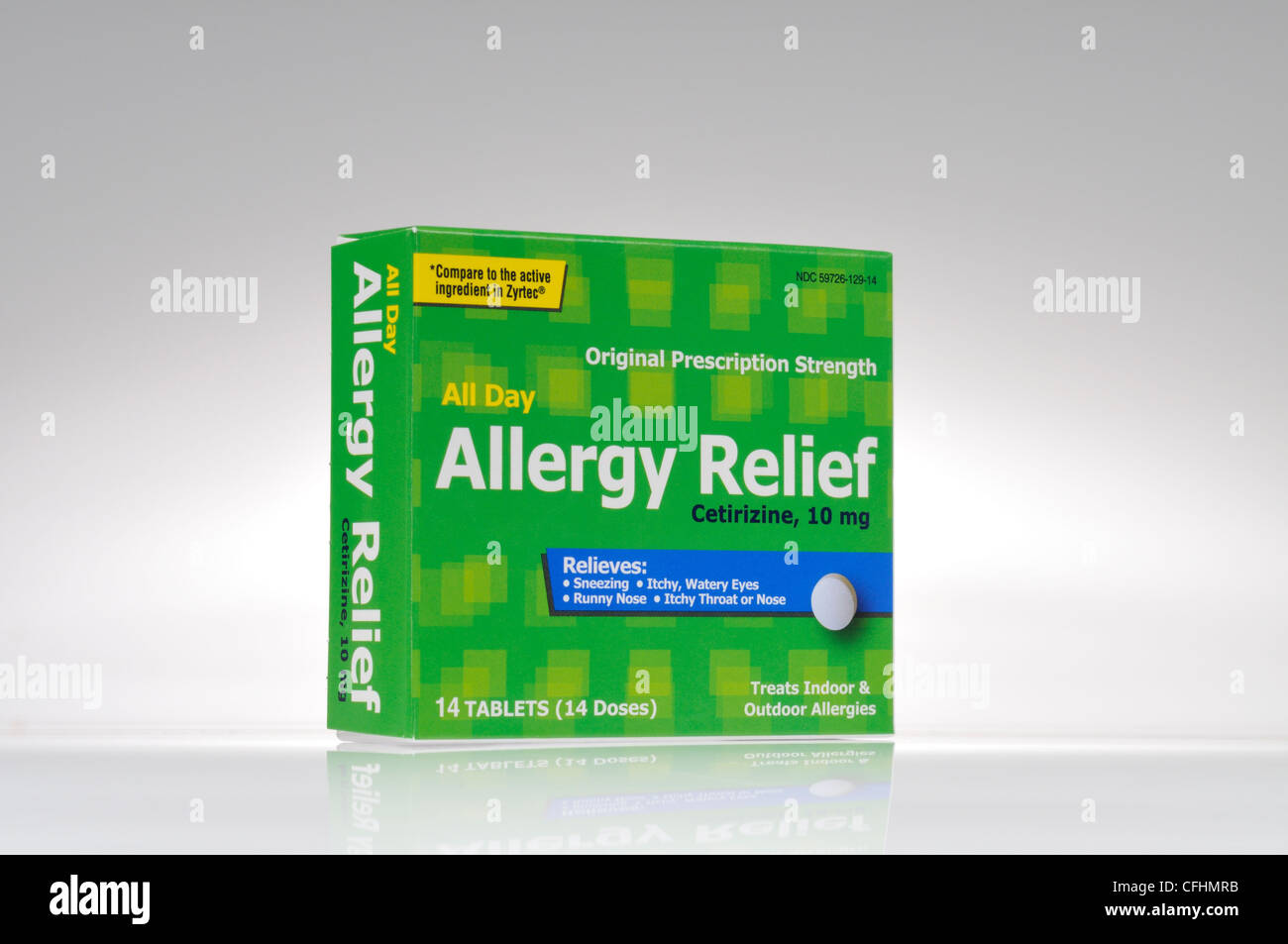 Box of non-prescription over the counter allergy relief medicine on white background cut out. Stock Photo