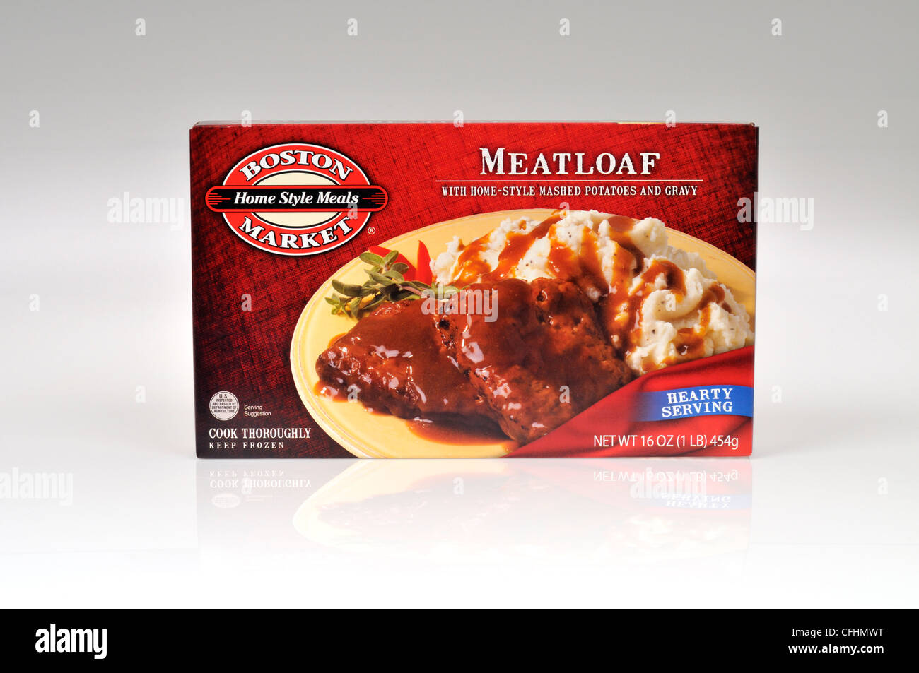 Package of Boston Market Frozen Homestyle Meals Meatloaf and mashed potato with gravy on white background cutout Stock Photo