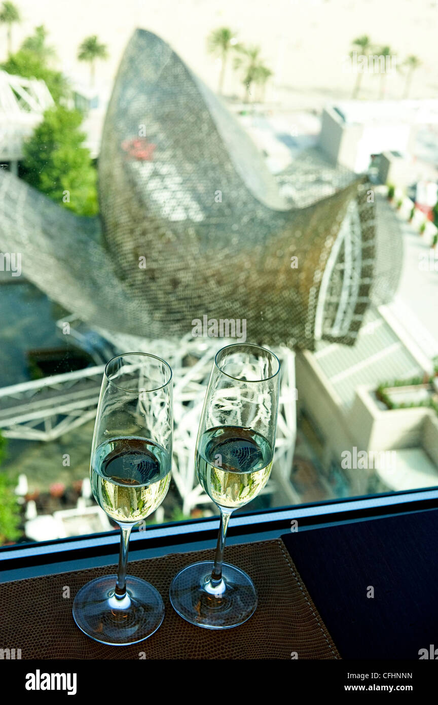 Fish by Frank Gehry from a window of Hotel Arts, Vila Olimpica, Barcelona, Spain Stock Photo